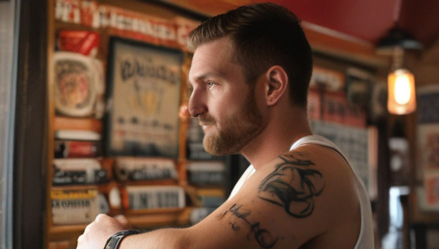 A man in a sports bar showing his tattoo on his right arm.