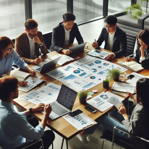A sales team strategizing around a conference table, using charts and playbooks.