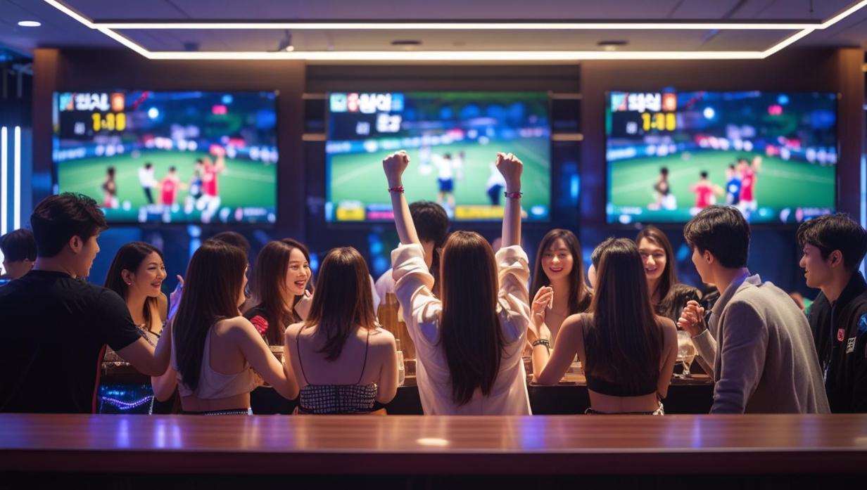 Modern Seoul officetel lounge with sports fans cheering under soft neon lights.