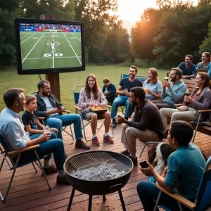family and friends watching a sports game outdoors on a wooden deck
